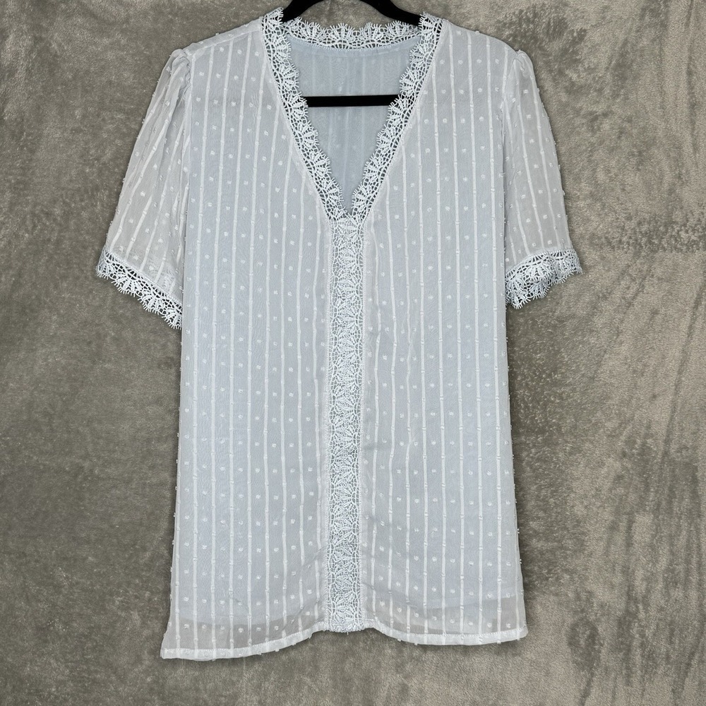 Amazon 2X Top Shirt Blue Solid Striped Short Sleeve V Neck Sheer Embroidered